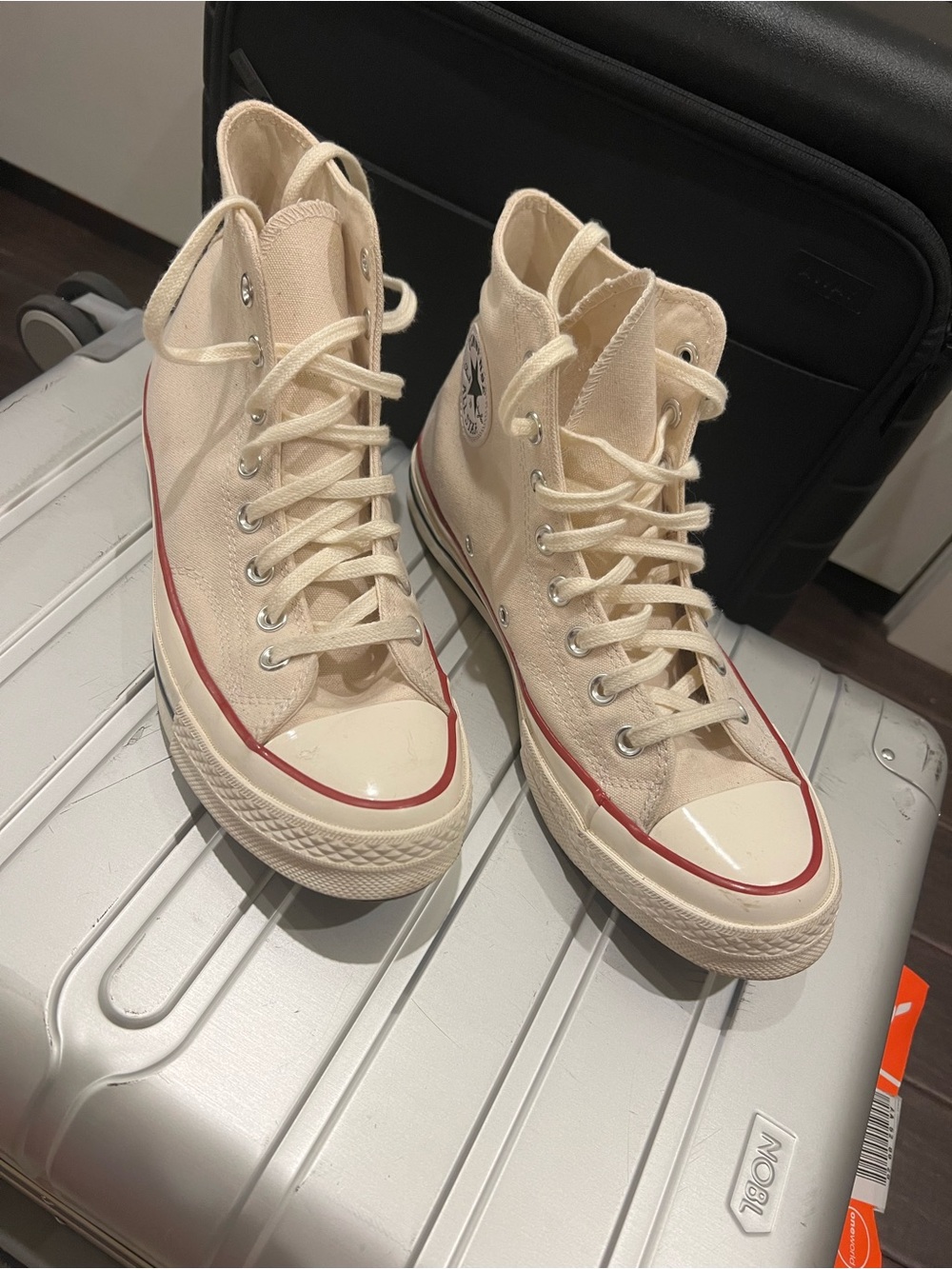 Men's Converse Cream High-Top Sneakers with Red Trim